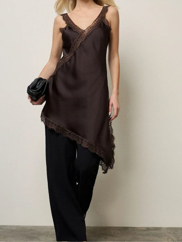 Μίνι Σατέν Ασύμμετρο Φόρεμα Με Δαντέλα